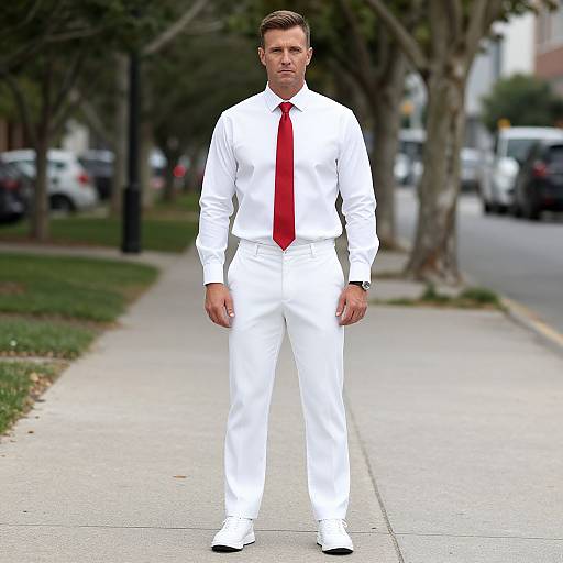 Photograph of a tall, attractive man with short brown hair, wearing a crisp white suit, red tie, and white shoes, standing confidently on a