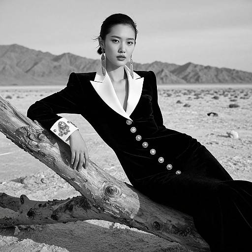 Black-and-white photograph of an Asian woman in a black suit with white collar, large earrings, leaning on a fallen tree in a desert landscape with mountains