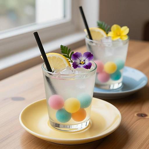 Colorful Refreshing Drinks with Citrus and Floral Garnish