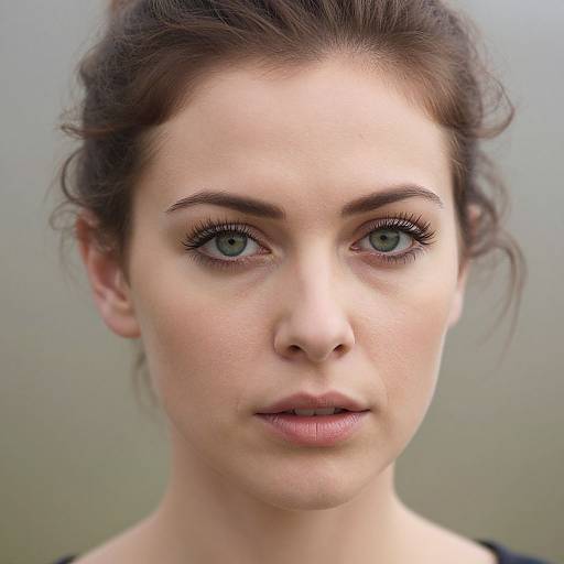 Close-up photograph of a fair-skinned woman with green eyes, dark brown hair in a messy bun, and subtle makeup, against a blurred green-gray