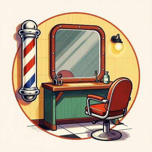 Colorful digital illustration of a vintage barber shop with a green vanity, red chair, mirror, striped pole, and circular yellow background.