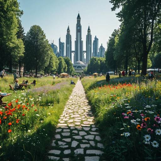 Neo-futuristic cityscape with vibrant meadow and walking path