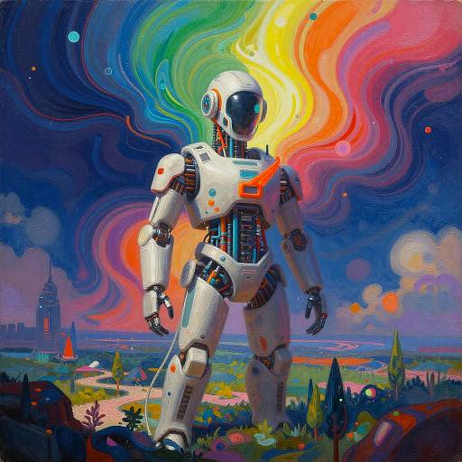 Digital artwork of a white, futuristic robot with a glowing, multicolored aura, standing in a vibrant, swirling, surreal landscape.