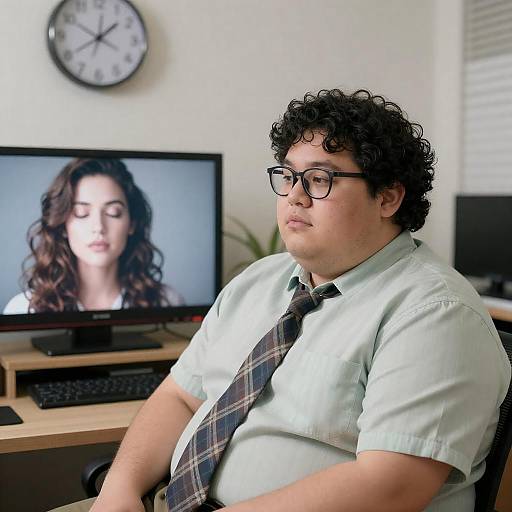 Obese Man in Office Setting Description