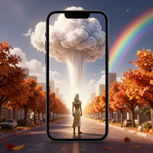 Digital artwork of a person in a long coat standing on a sunlit street, framed by a smartphone, with a massive cloud explosion and rainbow in the