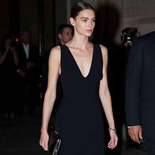 Photograph of a slender, fair-skinned woman with slicked-back dark hair, wearing a deep V-neck black dress, walking a dimly lit