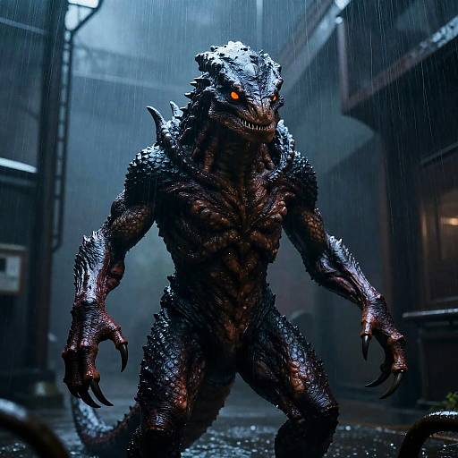 Menacing Creature in Rainy Industrial Setting