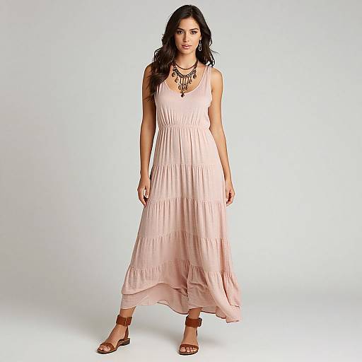 Photograph of a woman with long dark hair wearing a flowing pink sundress, brown sandals, and layered necklaces, standing against a plain white background