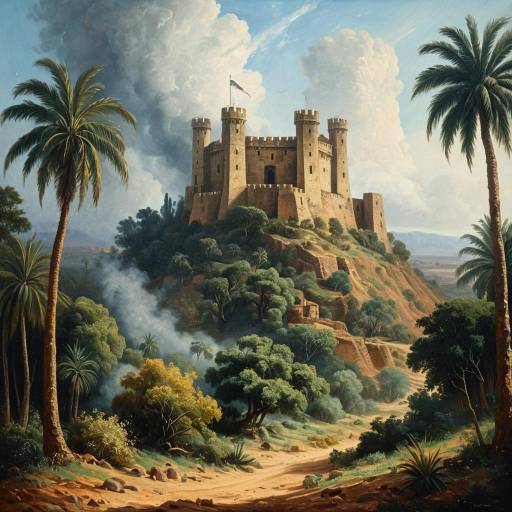 Ancient Fort on Lush Hill with Tropical Landscape