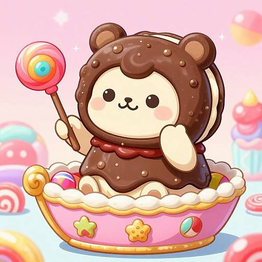 Adorable chibi bear in chocolate onesie, holding pink lollipop, seated in pink cupcake-filled bowl with colorful candies, bright, playful background