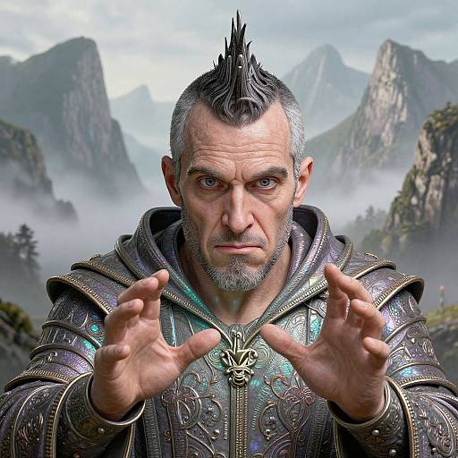 Digital art of a muscular, grey-haired man with a mohawk, intense expression, and metallic armor, hands raised, in a misty mountain landscape