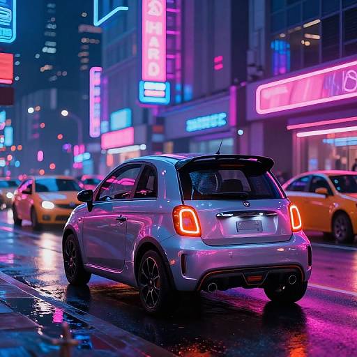 Neon-lit urban night scene photograph of a silver Mini Cooper with glowing pink and purple reflections on a wet street. Yellow taxis and colorful neon signs