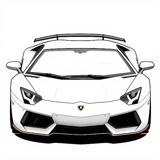 Digital black-and-white drawing of a sleek, front-view Lamborghini with sharp headlights, aggressive lines, and a prominent Lamborghini logo on the hood.