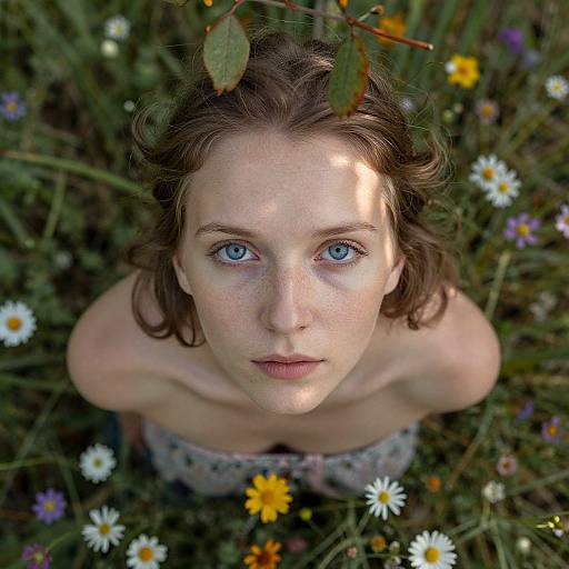 Photograph of a freckled, blue-eyed, topless young woman with wavy brown hair, looking up from a grassy field with d