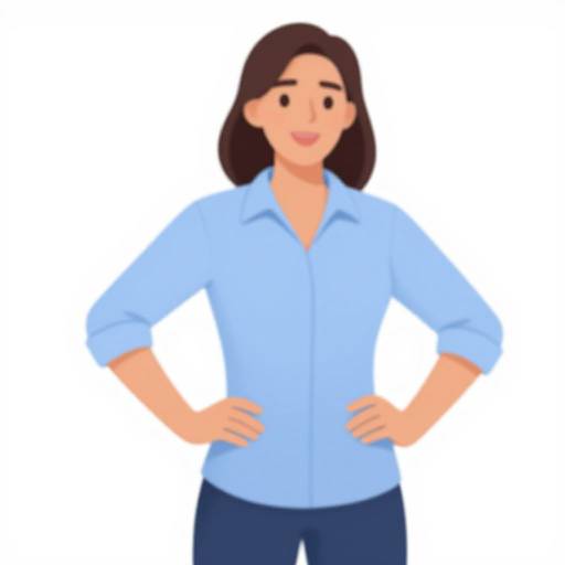 Digital illustration of a smiling Asian woman with shoulder-length black hair, wearing a light blue button-up shirt and dark blue pants, standing with hands on hips