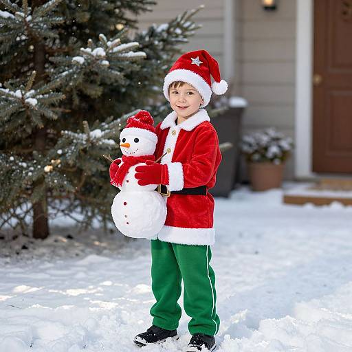 Photograph of a young boy in a red Santa outfit, green pants, and hat, holding a snowman in a snowy yard with a Christmas tree