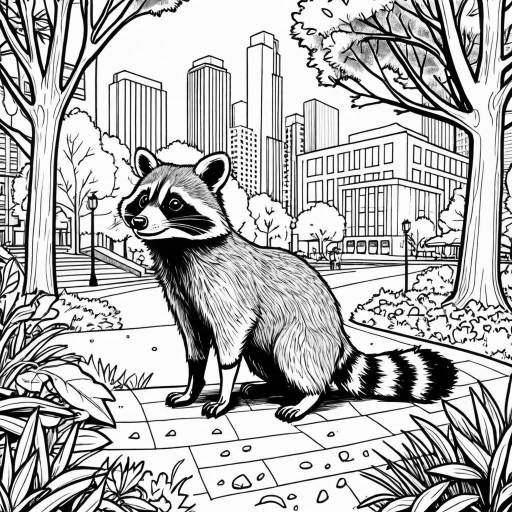Curious Raccoon in City Park Coloring Page