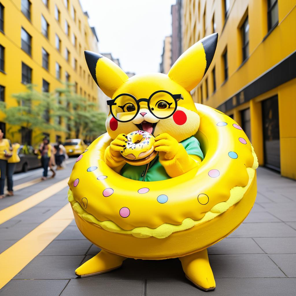 Pikachu Street Artist Enjoying a Doughnut