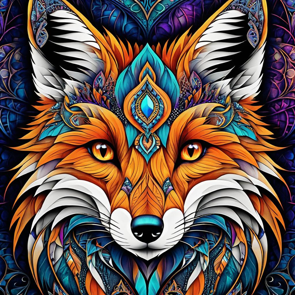 Vibrant Fox with Fractal Zentangle Design