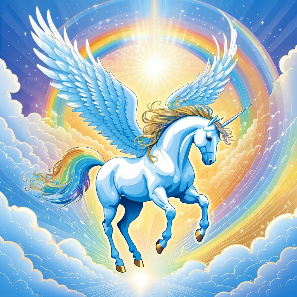 Graceful Pegasus Soaring Above Rainbow