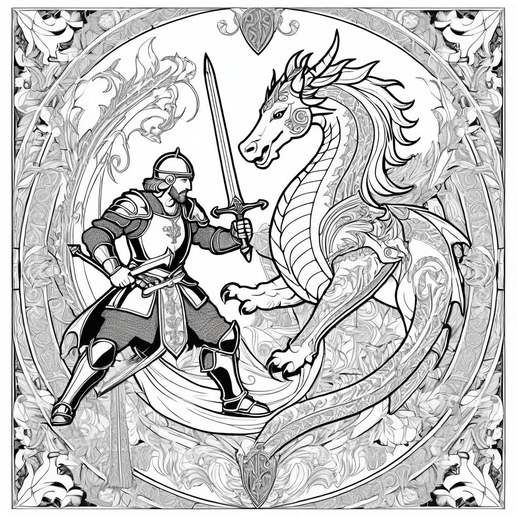 Heroic Knight vs Dragon Coloring Page