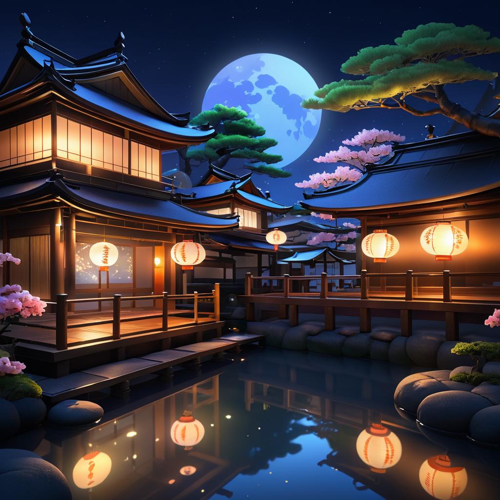 Cozy Nighttime Onsen with Lanterns Artwork