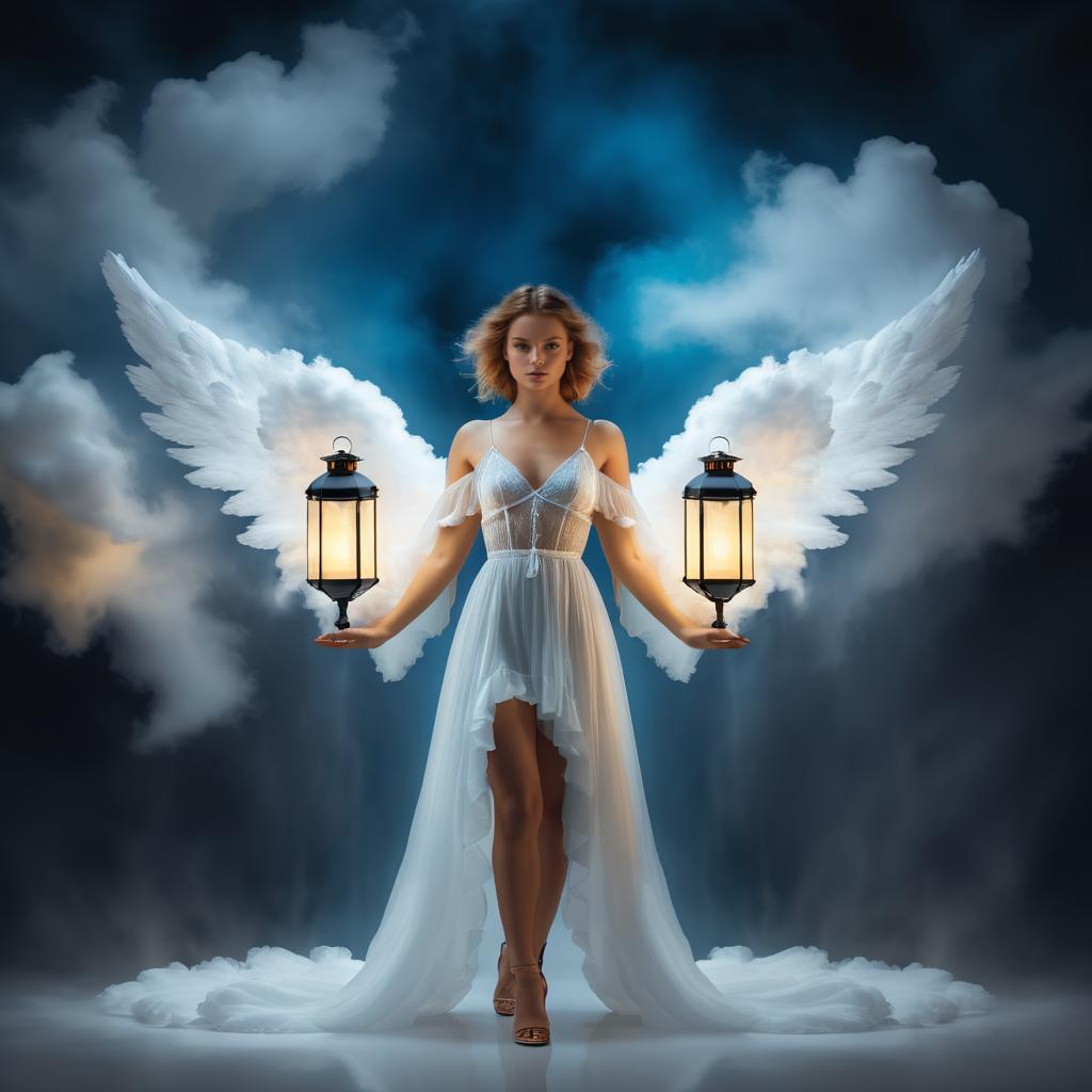 Serene Angel with Lantern in Clouds