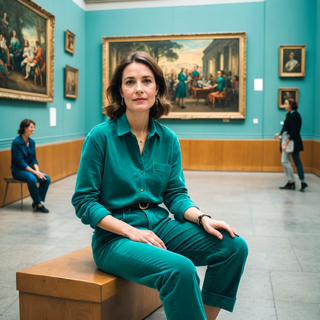 Stylish Woman in Teal Corduroy at Museum