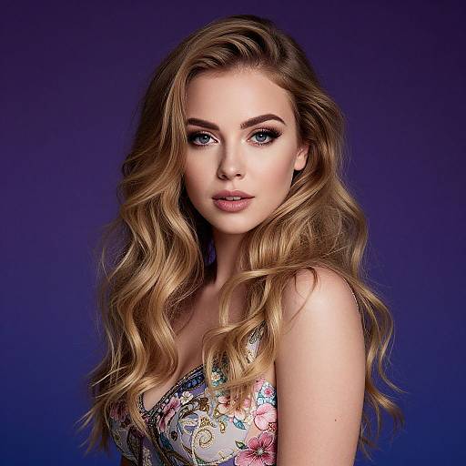 Photograph of a beautiful, fair-skinned woman with long, wavy blonde hair, blue eyes, wearing a floral dress, against a dark blue