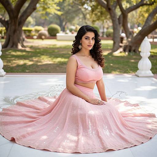 Photograph of a curvy woman with long black hair, wearing a pink, sleeveless, high-low gown, seated in a sunlit garden.