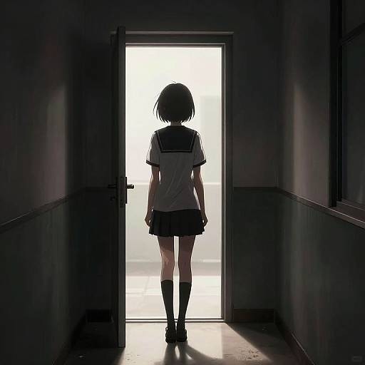 Silhouetted anime girl in sailor uniform stands at doorway, backlit, casting shadow in dark hallway. Digital art with high contrast.