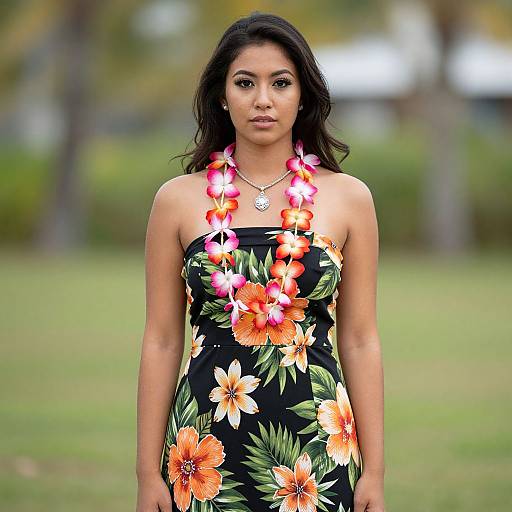 Photograph of a pregnant woman with medium brown skin, wearing a black strapless dress with large orange and white floral patterns, and a pink hib