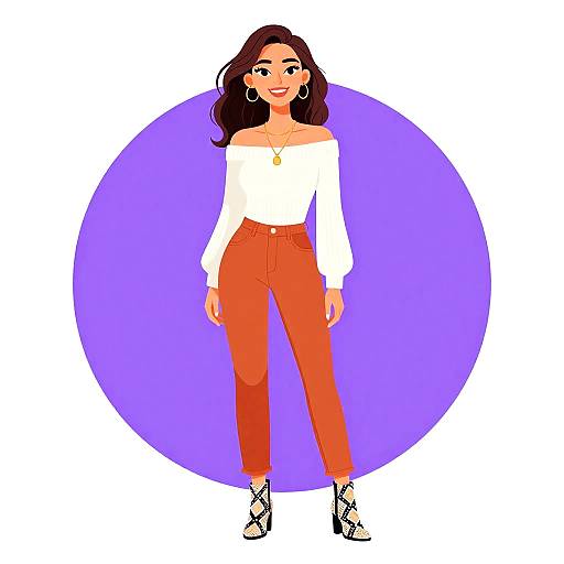 Digital illustration of a smiling woman with long brown hair, wearing a white off-shoulder top, orange high-waisted pants, and black lace