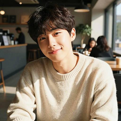 Photograph of a young Asian man with short, dark hair, smiling slightly, wearing a beige sweater, seated in a sunlit, modern café with
