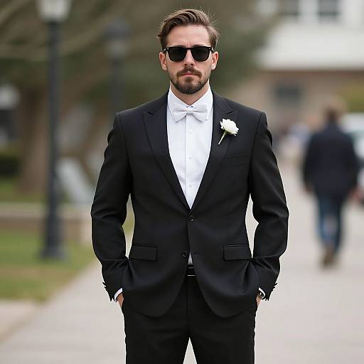 Photograph of a handsome, bearded man in a black suit, white shirt, black tie, and sunglasses, with a white rose boutonni