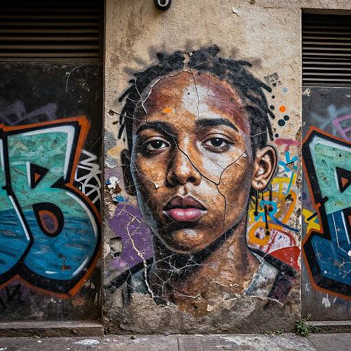 Photograph of a cracked, colorful graffiti portrait of a young Black man with short dreadlocks on a weathered urban wall.