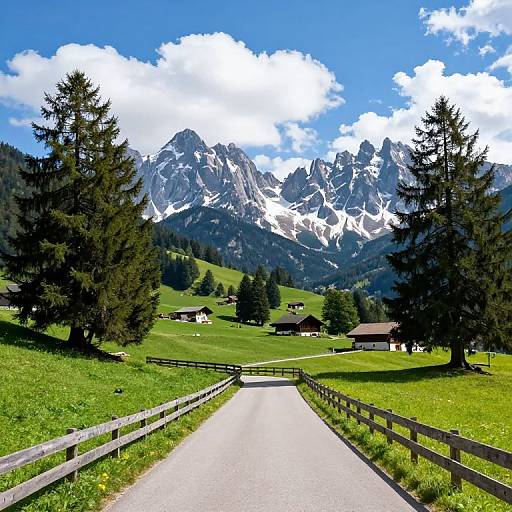 Photograph of a sunny alpine landscape with a paved road leading to snow-capped mountains, surrounded by green grass, tall pine trees, and traditional