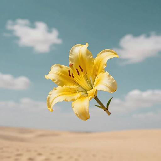 Photograph of a bright yellow lily with red stamens floating against a clear blue sky and sandy desert background.