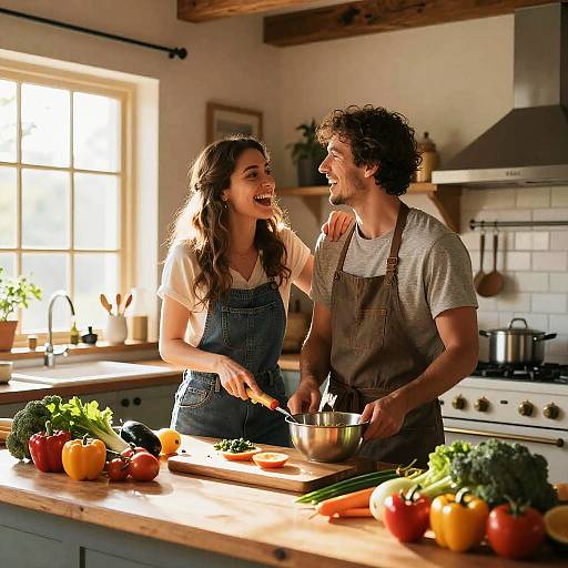 Photograph of a smiling, curly-haired couple in denim overalls, cooking together in a sunlit, rustic kitchen with fresh vegetables on the counter.