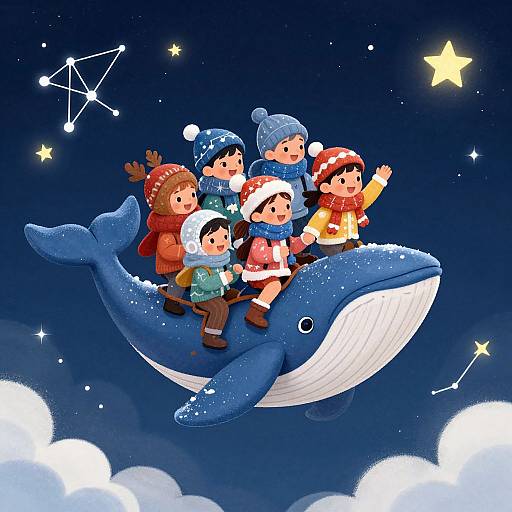 Children Riding Whimsical Winter Whale