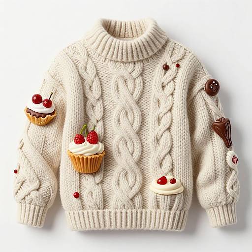 Whimsical white knitted sweater adorned with cupcake and cherry decorations, featuring braided patterns, chocolate truffles, and red cherries.