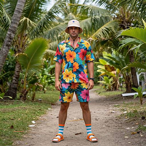 Confident Man in Tropical Floral Attire