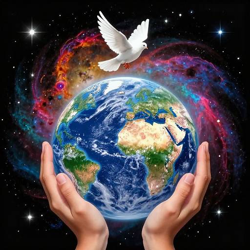 Hands Holding Earth with Dove Above
