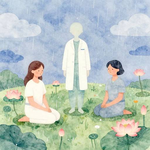 Watercolor illustration of two women in white and blue dresses, kneeling in a rainy pond with lotus flowers, facing a white, silhouette figure under a