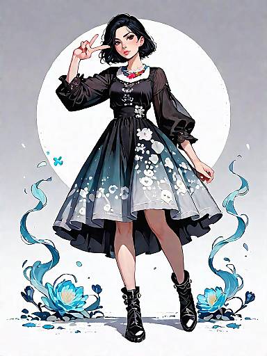 Stylish Woman in Black Floral Dress with Boots