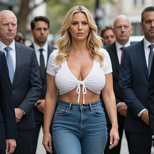Photograph of a blonde woman with large breasts in a white, tied-front crop top and high-waisted jeans, flanked by men in black
