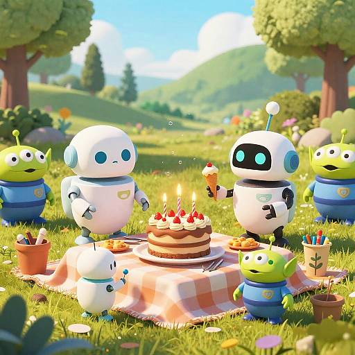 Bright, colorful CGI image of cute, cartoon robots celebrating a birthday outdoors, featuring a cake with candles, picnic blanket, and vibrant green field with trees