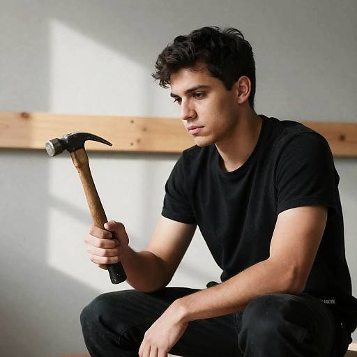 Focused Young Man with Hammer Photo