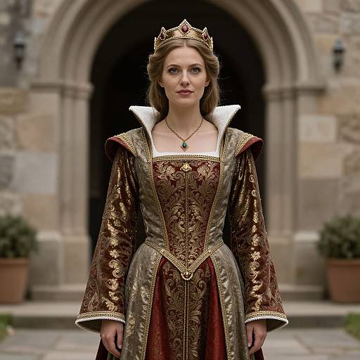 Photograph of a young woman in medieval attire: ornate, gold-embroidered red gown, white collar, gold crown, standing before a
