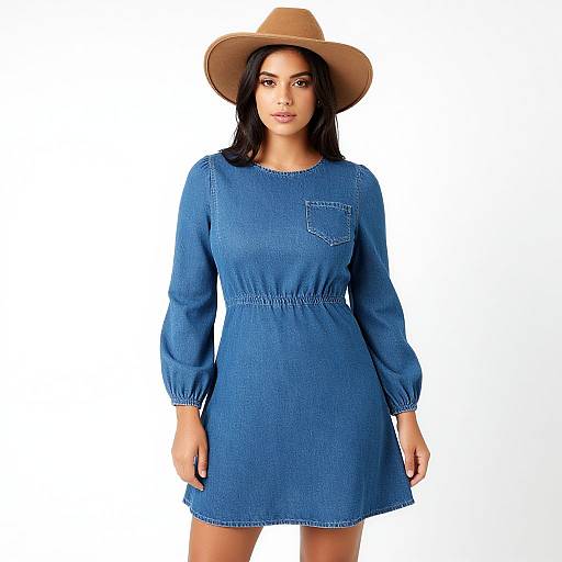 Photograph of a woman with medium skin tone, wearing a blue, long-sleeved, denim dress and a tan cowboy hat, standing against a
